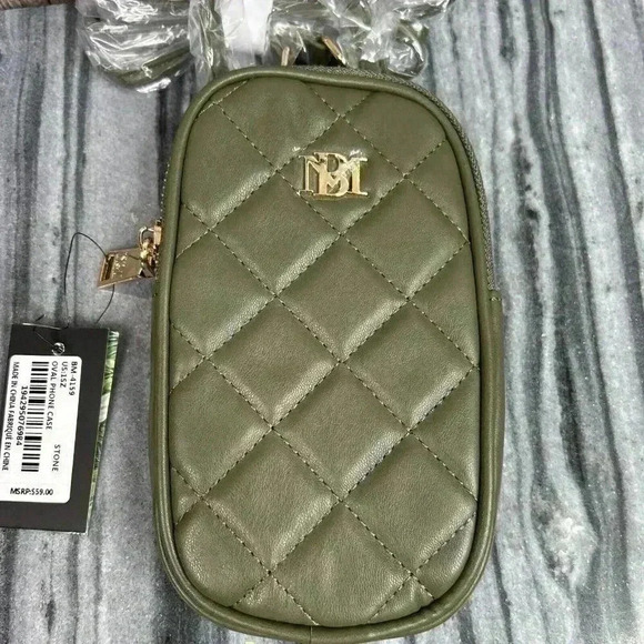Badgley Mischka Crossbody Phone Bag Olive Green Quilted Vegan Leather - Picture 3 of 9